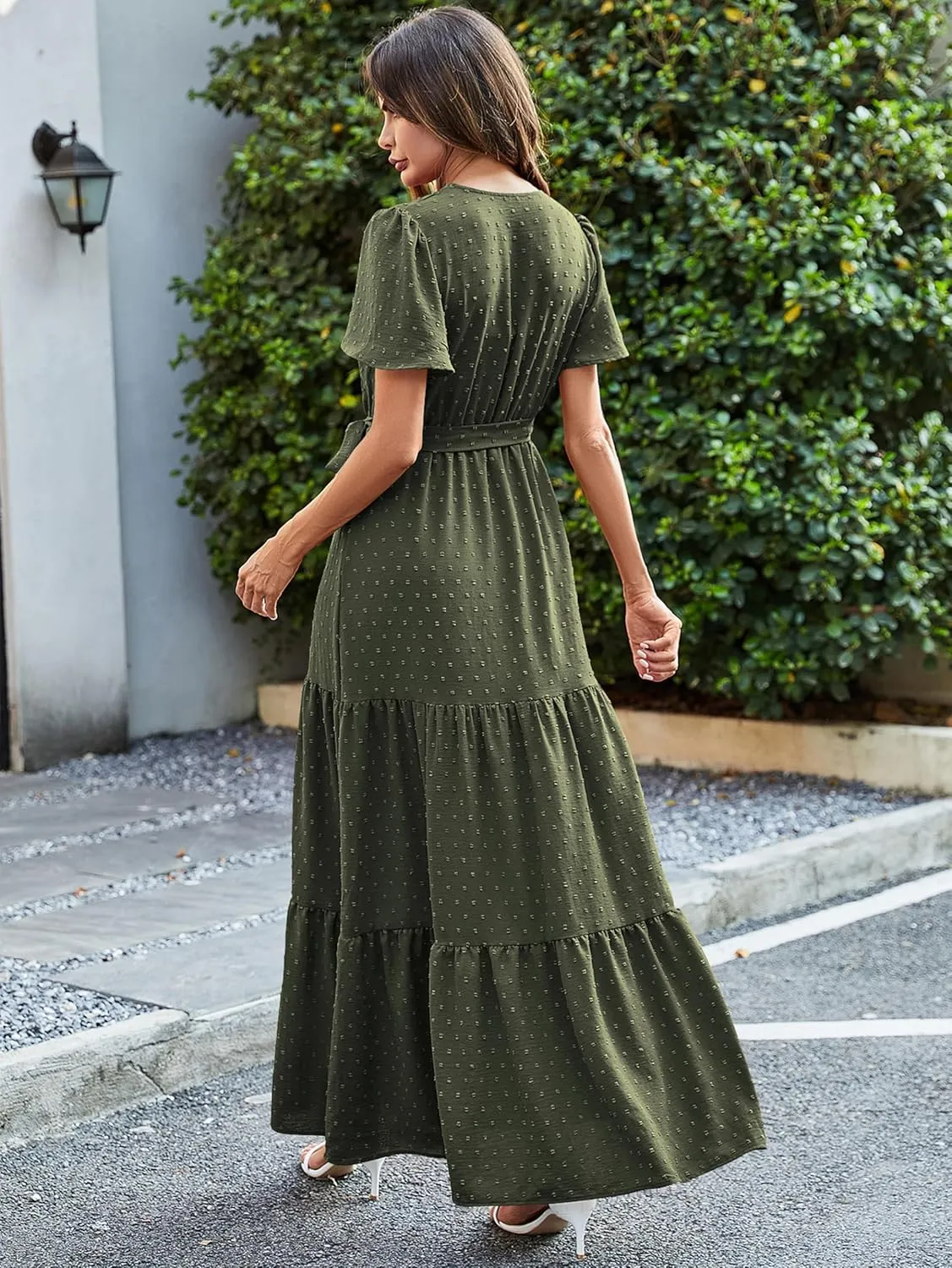 MASCOMODA Womens Boho Swiss Dot Maxi Dresses Wrap V Neck Flutter Short Sleeve Solid Tie Belt A Line Tiered Flowy Long Dress