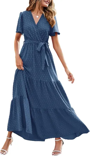 MASCOMODA Womens Boho Swiss Dot Maxi Dresses Wrap V Neck Flutter Short Sleeve Solid Tie Belt A Line Tiered Flowy Long Dress