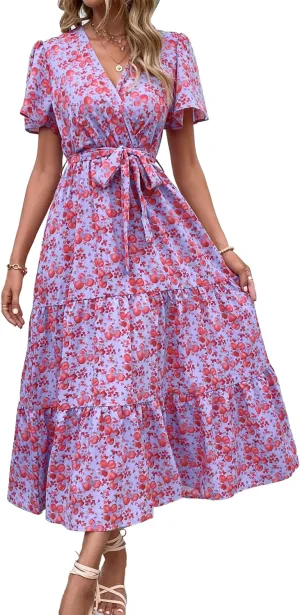 MASCOMODA Womens Boho Swiss Dot Maxi Dresses Wrap V Neck Flutter Short Sleeve Solid Tie Belt A Line Tiered Flowy Long Dress