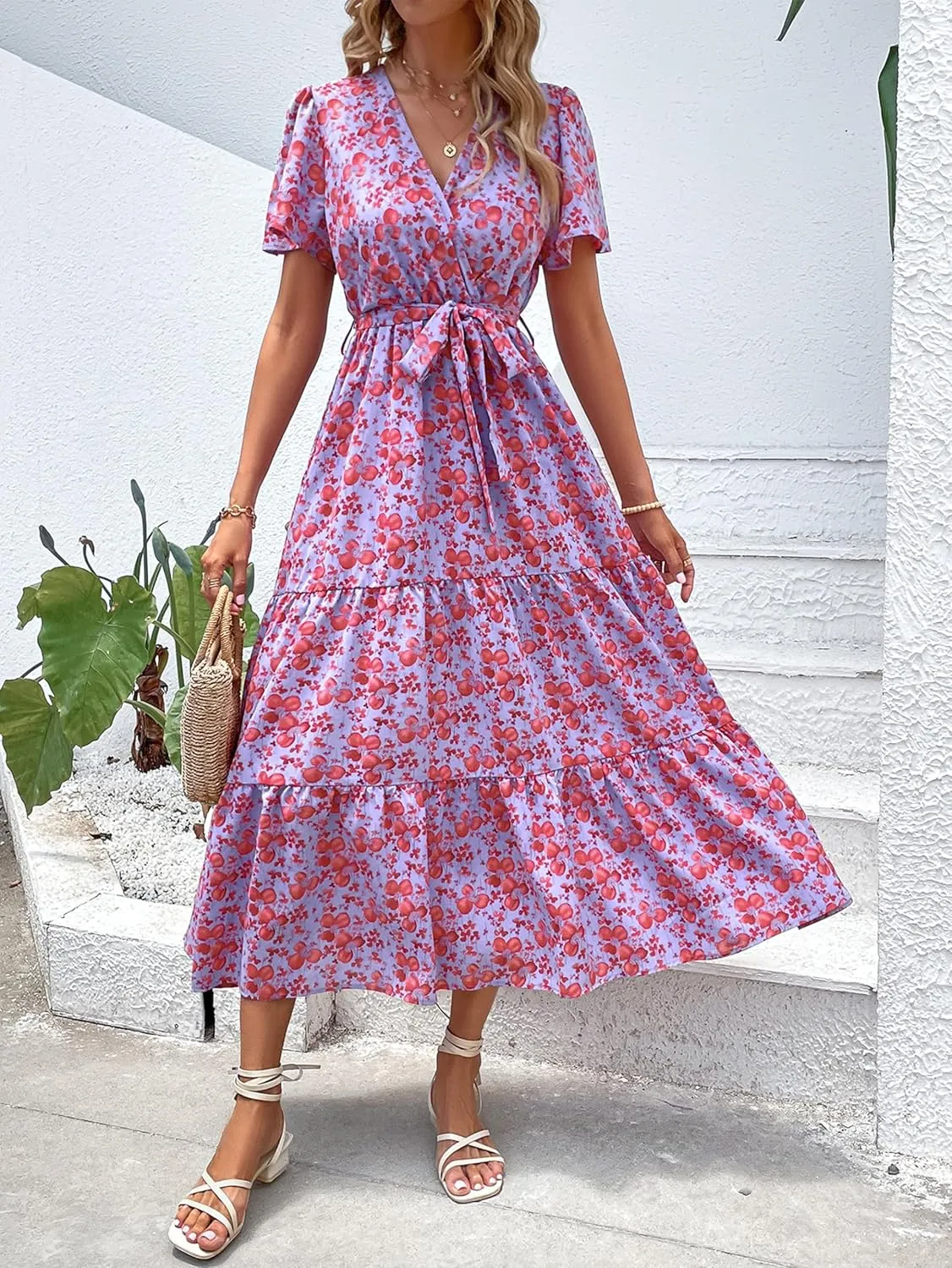 MASCOMODA Womens Boho Swiss Dot Maxi Dresses Wrap V Neck Flutter Short Sleeve Solid Tie Belt A Line Tiered Flowy Long Dress