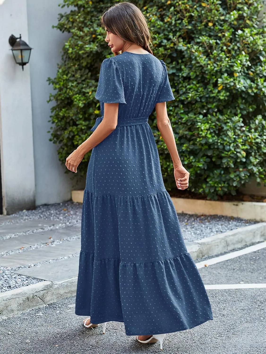 MASCOMODA Womens Boho Swiss Dot Maxi Dresses Wrap V Neck Flutter Short Sleeve Solid Tie Belt A Line Tiered Flowy Long Dress