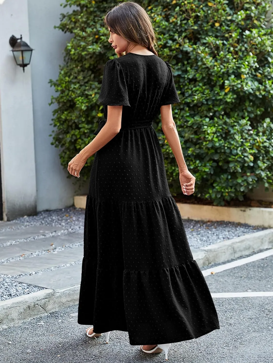 MASCOMODA Womens Boho Swiss Dot Maxi Dresses Wrap V Neck Flutter Short Sleeve Solid Tie Belt A Line Tiered Flowy Long Dress