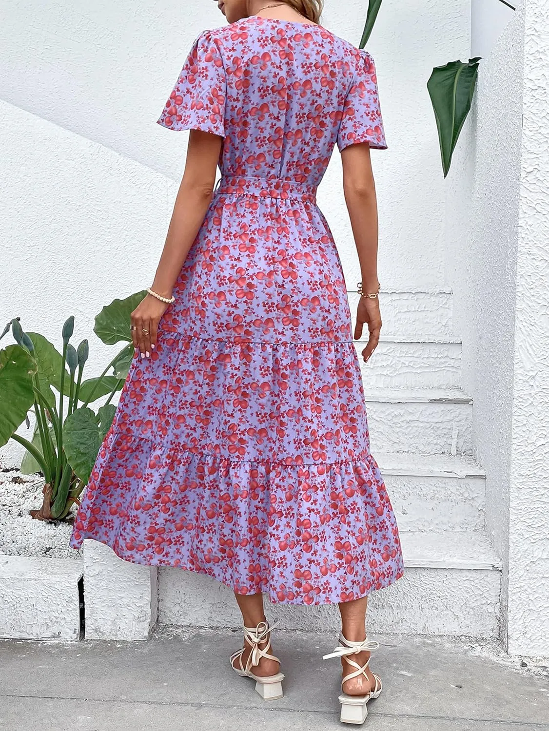 MASCOMODA Womens Boho Swiss Dot Maxi Dresses Wrap V Neck Flutter Short Sleeve Solid Tie Belt A Line Tiered Flowy Long Dress