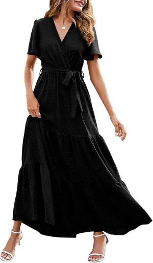 MASCOMODA Womens Boho Swiss Dot Maxi Dresses Wrap V Neck Flutter Short Sleeve Solid Tie Belt A Line Tiered Flowy Long Dress