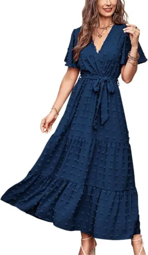 MASCOMODA Womens Boho Swiss Dot Maxi Dresses Wrap V Neck Flutter Short Sleeve Solid Tie Belt A Line Tiered Flowy Long Dress
