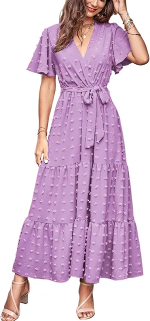 MASCOMODA Womens Summer Swiss Dot Maxi Dressses Wrap V Neck Flutter Short Sleeve Boho Casual Flowy Long Wedding Guest Dress