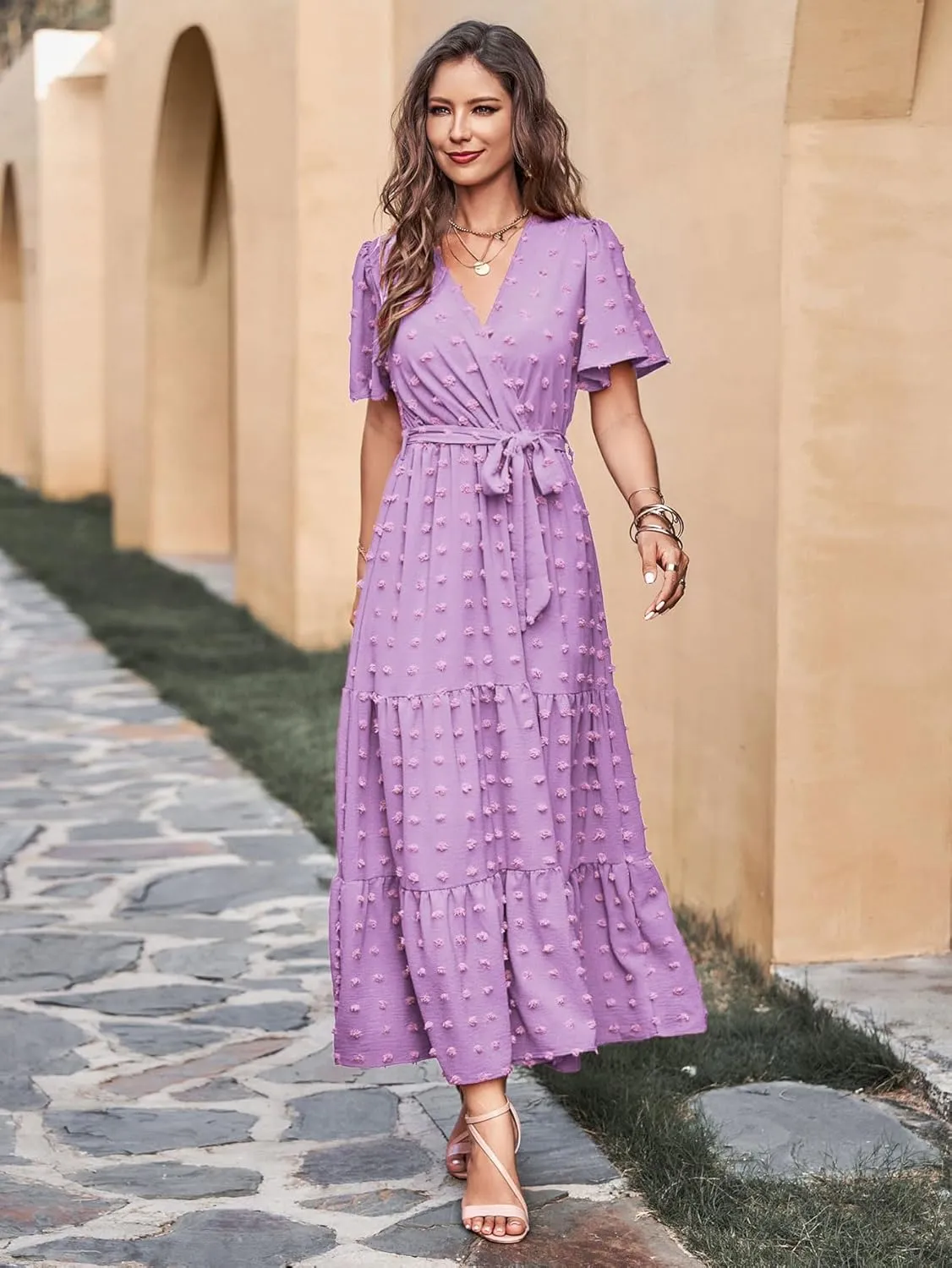 MASCOMODA Womens Summer Swiss Dot Maxi Dressses Wrap V Neck Flutter Short Sleeve Boho Casual Flowy Long Wedding Guest Dress