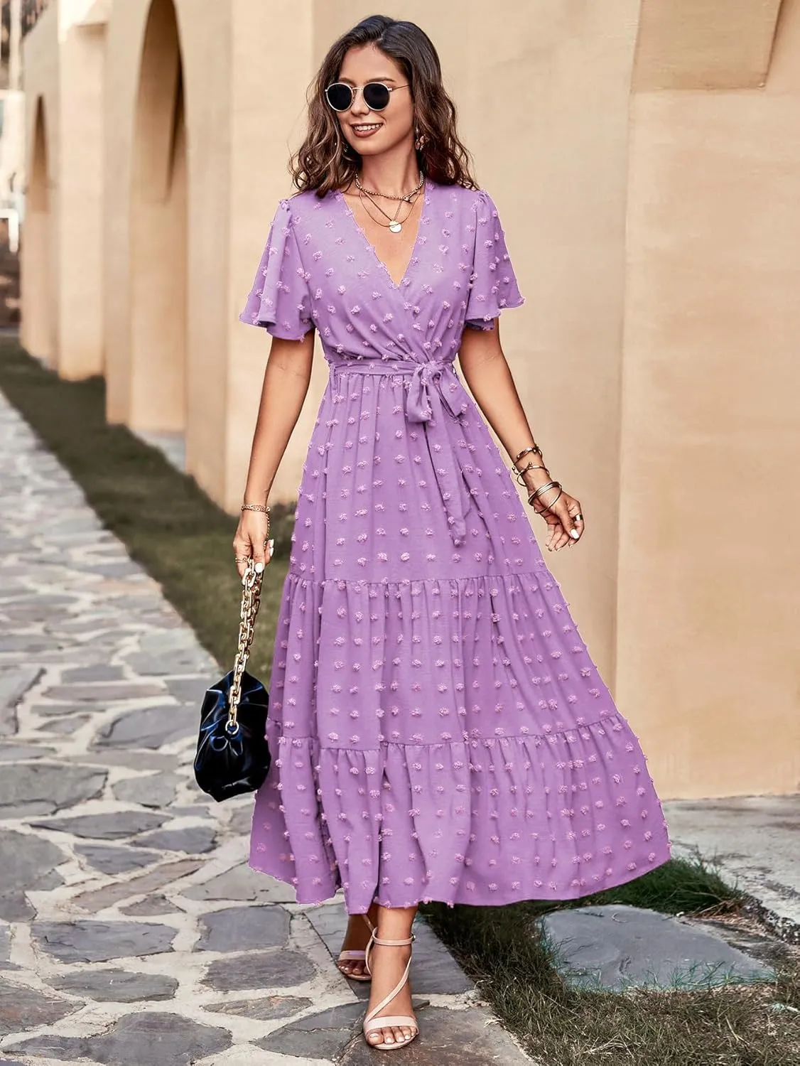 MASCOMODA Womens Summer Swiss Dot Maxi Dressses Wrap V Neck Flutter Short Sleeve Boho Casual Flowy Long Wedding Guest Dress