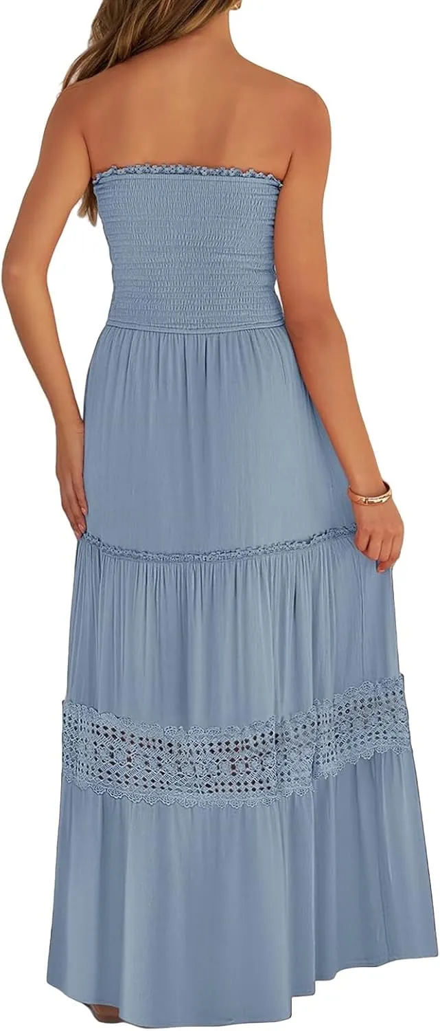 Maxi Dresses for Women Summer Boho Strapless Off Shoulder Dress Smocked Lace Trim Flowy A Line Beach Dress