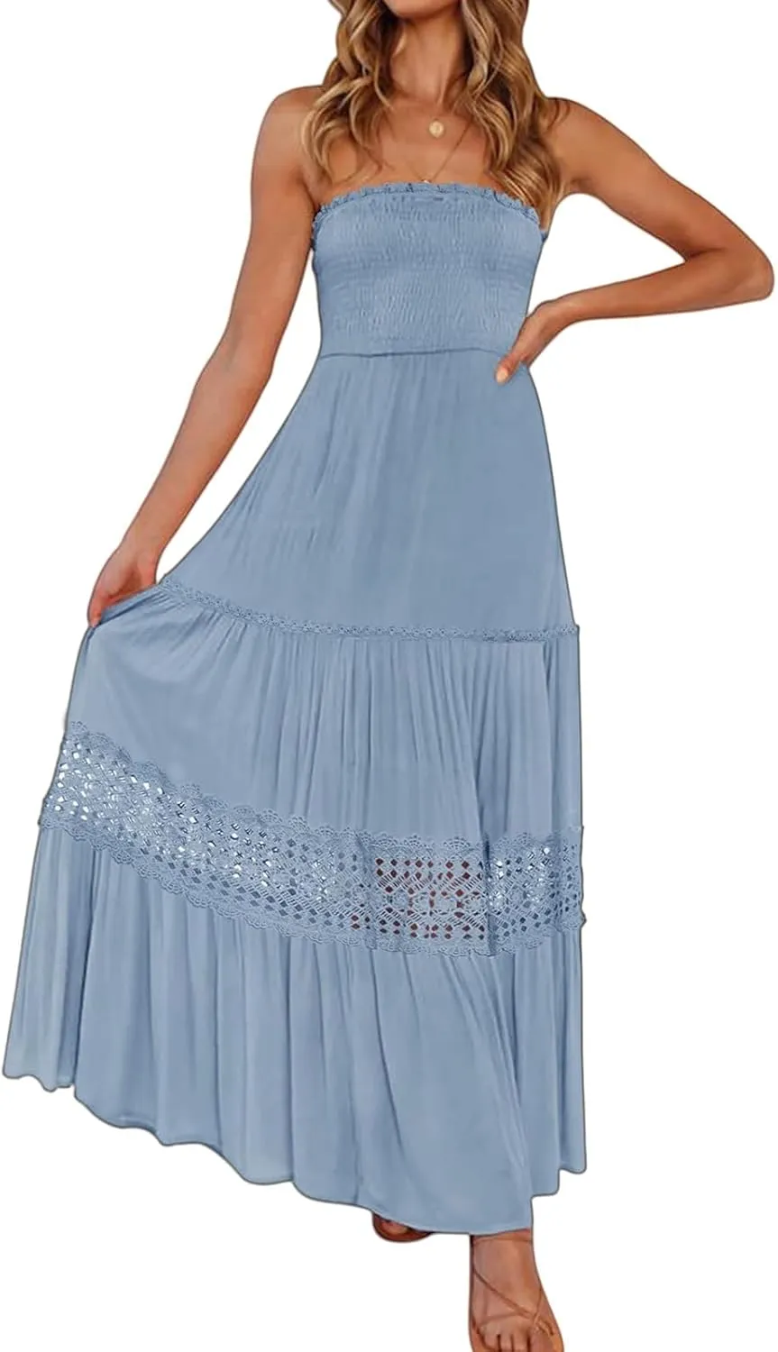 Maxi Dresses for Women Summer Boho Strapless Off Shoulder Dress Smocked Lace Trim Flowy A Line Beach Dress