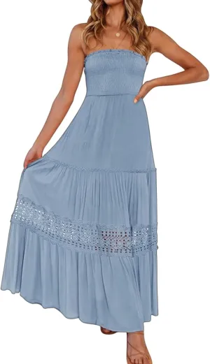 Maxi Dresses for Women Summer Boho Strapless Off Shoulder Dress Smocked Lace Trim Flowy A Line Beach Dress