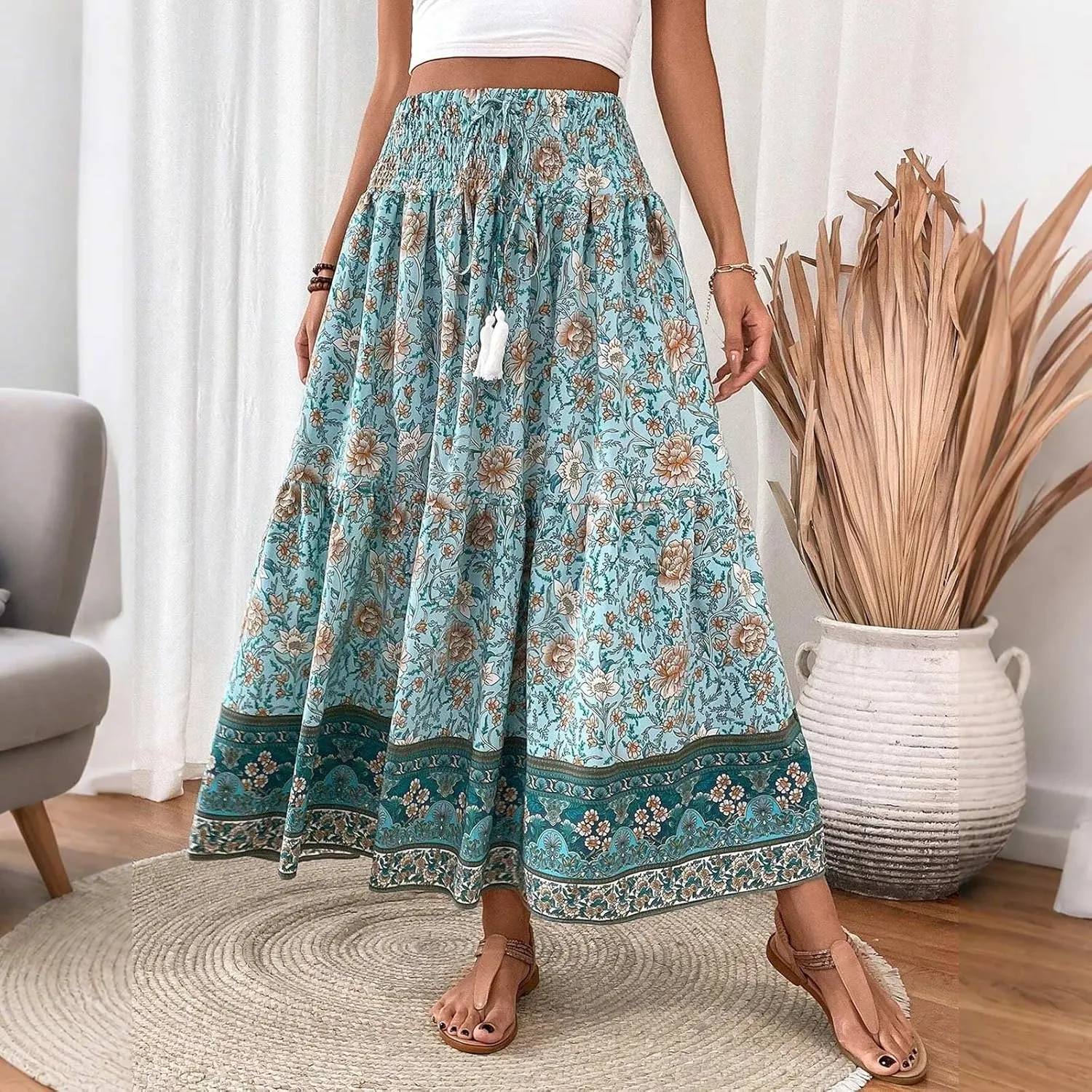 Maxi Skirts for Women Trendy Summer Tiered Elastic High Waisted Floral Skirt Vacation A Line Flowy Long Skirts