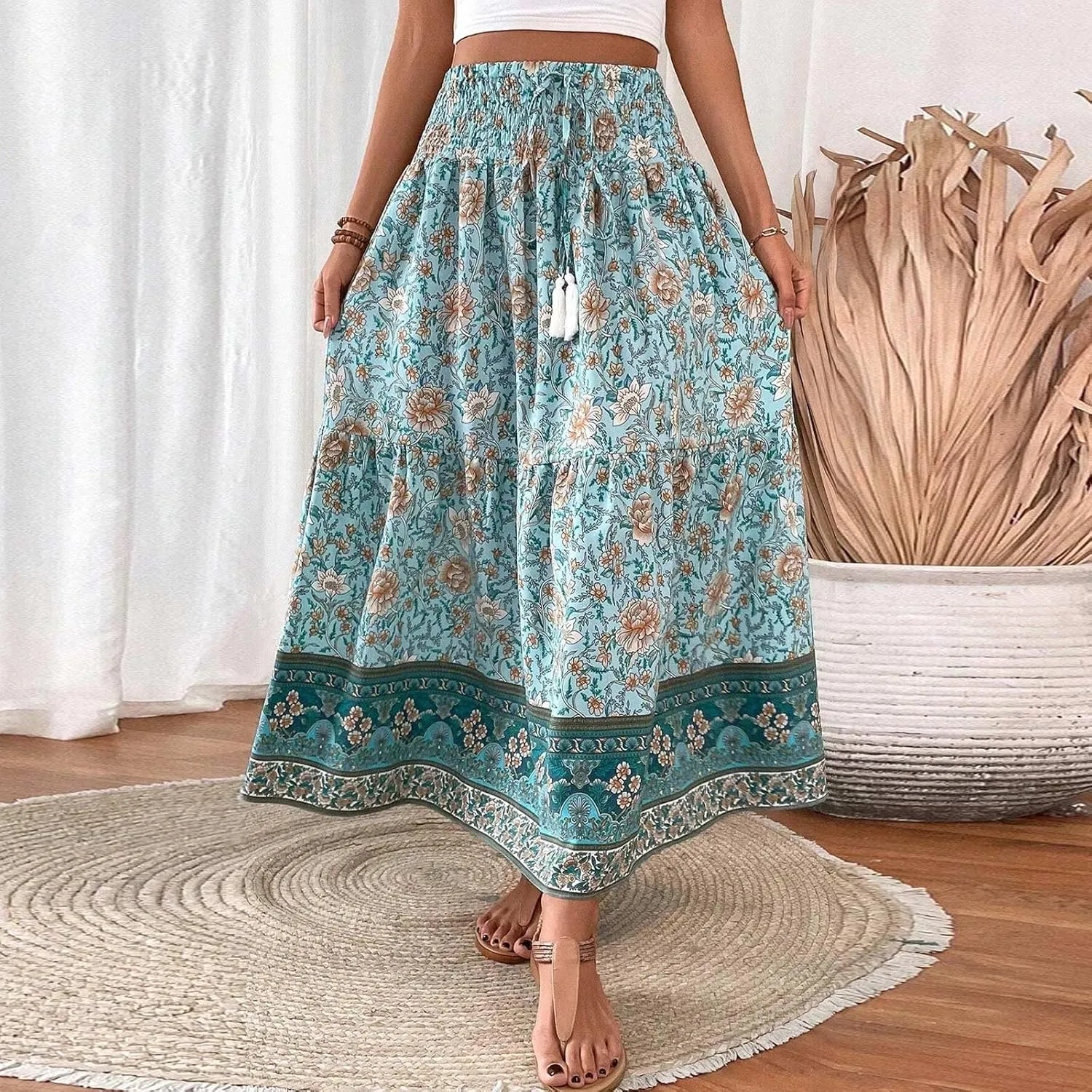 Maxi Skirts for Women Trendy Summer Tiered Elastic High Waisted Floral Skirt Vacation A Line Flowy Long Skirts