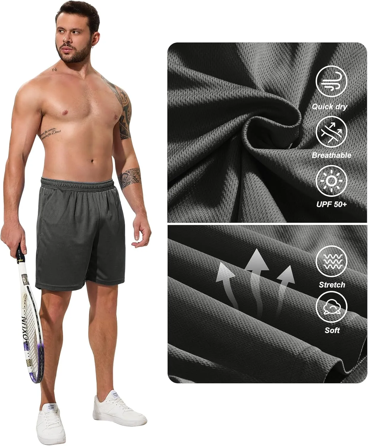 Men Drawstring Athletic Shorts Elastic Waistband Running Shorts Quick Dry Activewear Gym Workout Shorts