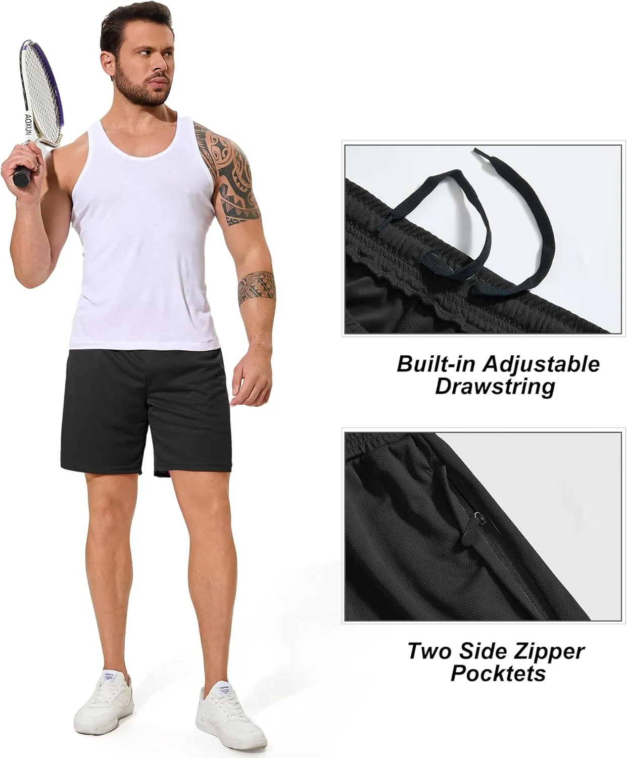 Men Drawstring Athletic Shorts Elastic Waistband Running Shorts Quick Dry Activewear Gym Workout Shorts
