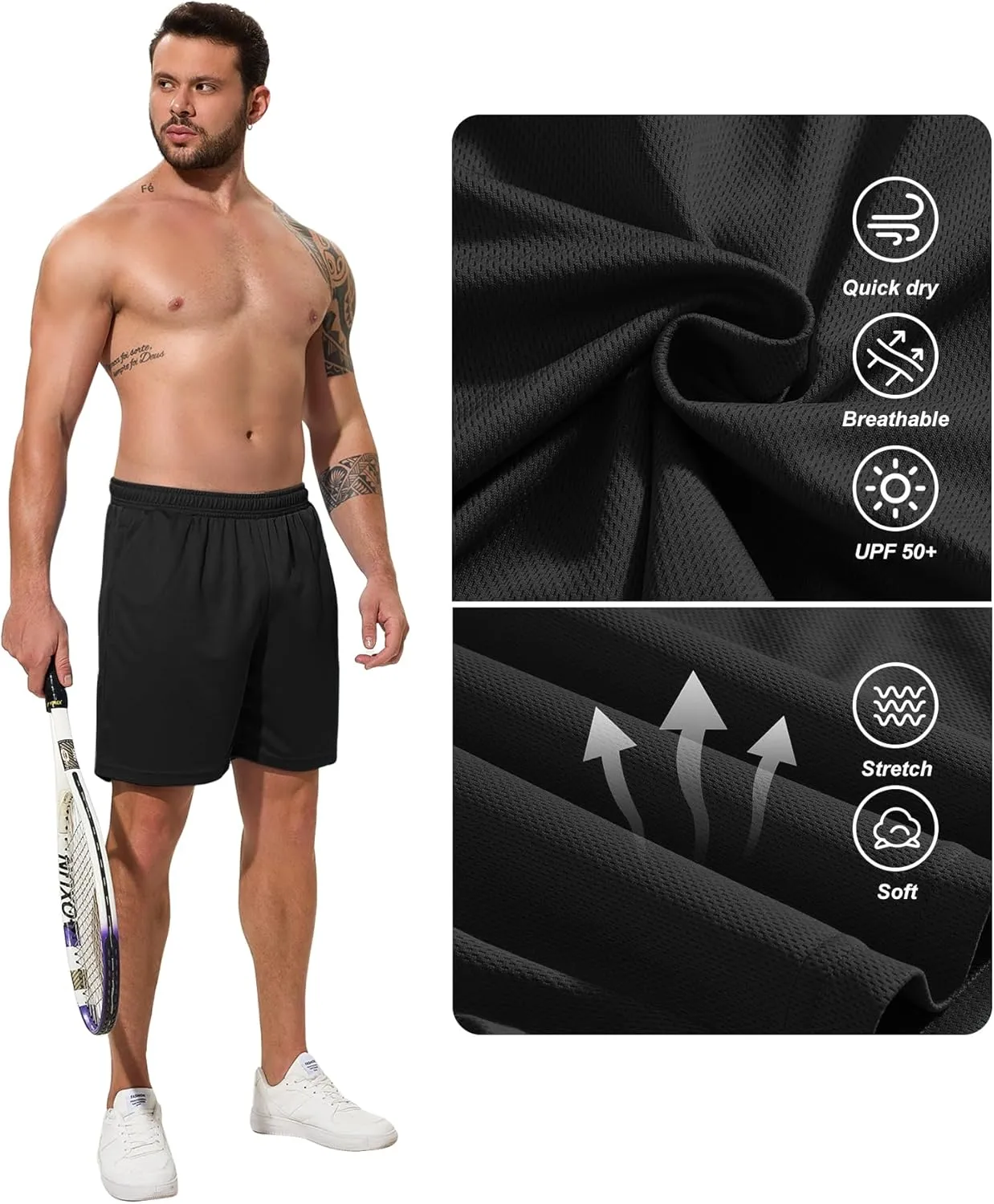 Men Drawstring Athletic Shorts Elastic Waistband Running Shorts Quick Dry Activewear Gym Workout Shorts