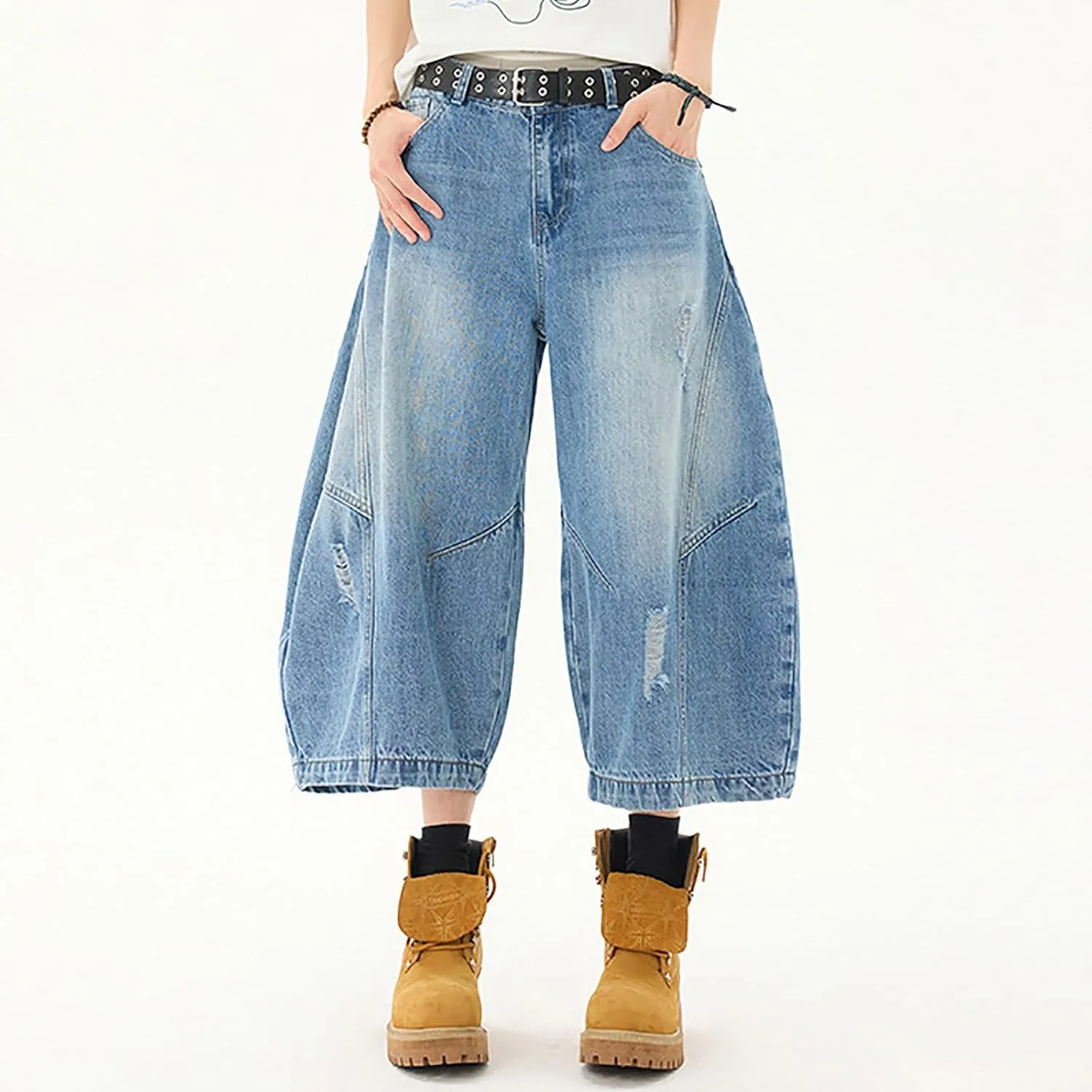 Men Y2K Grunge Baggy Jean Shorts Casual Hip Hop Long Loose Fit Denim Shorts Streetwear with Pockets