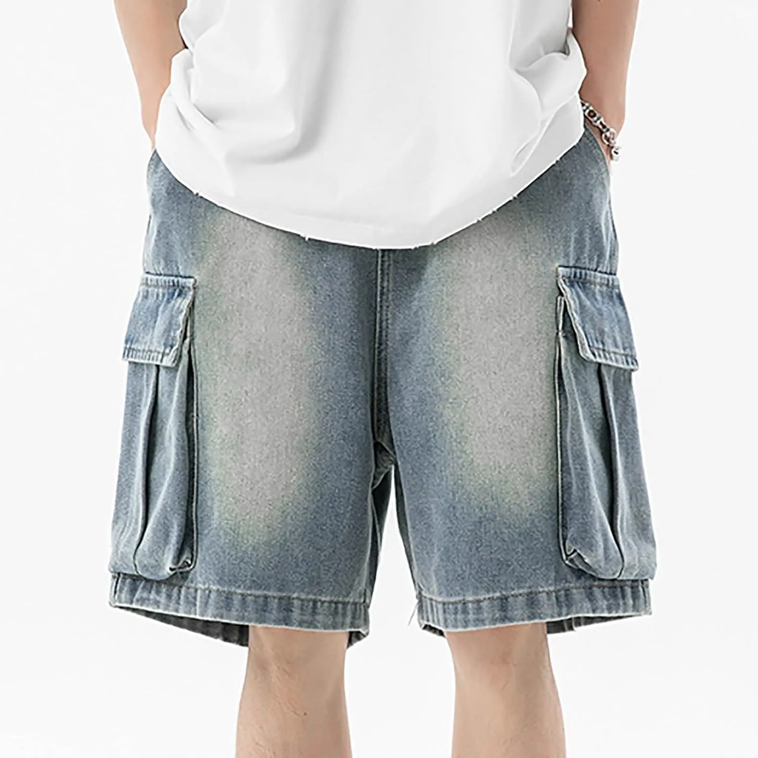 Men Y2K Grunge Baggy Jean Shorts Casual Hip Hop Long Loose Fit Denim Shorts Streetwear with Pockets