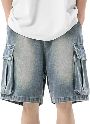 Men Y2K Grunge Baggy Jean Shorts Casual Hip Hop Long Loose Fit Denim Shorts Streetwear with Pockets