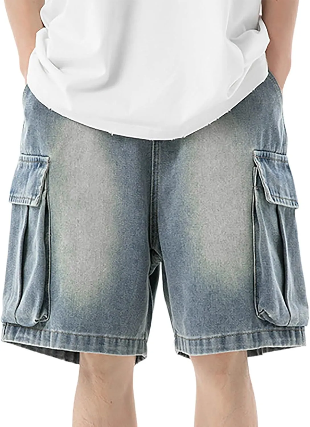 Men Y2K Grunge Baggy Jean Shorts Casual Hip Hop Long Loose Fit Denim Shorts Streetwear with Pockets