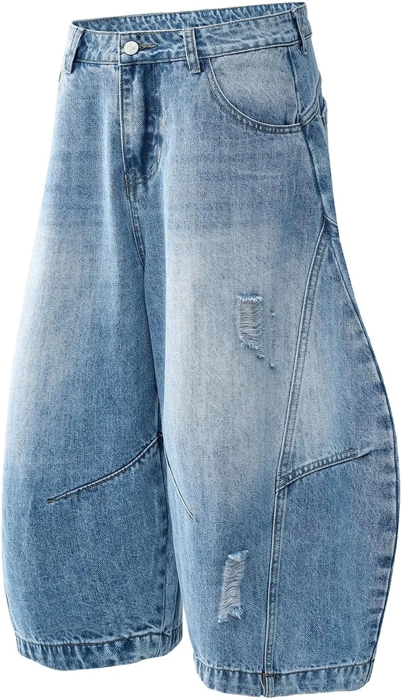 Men Y2K Grunge Baggy Jean Shorts Casual Hip Hop Long Loose Fit Denim Shorts Streetwear with Pockets