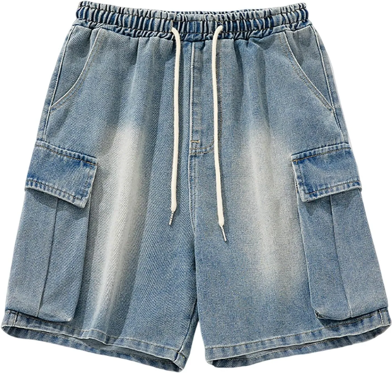 Men Y2K Grunge Baggy Jean Shorts Casual Hip Hop Long Loose Fit Denim Shorts Streetwear with Pockets