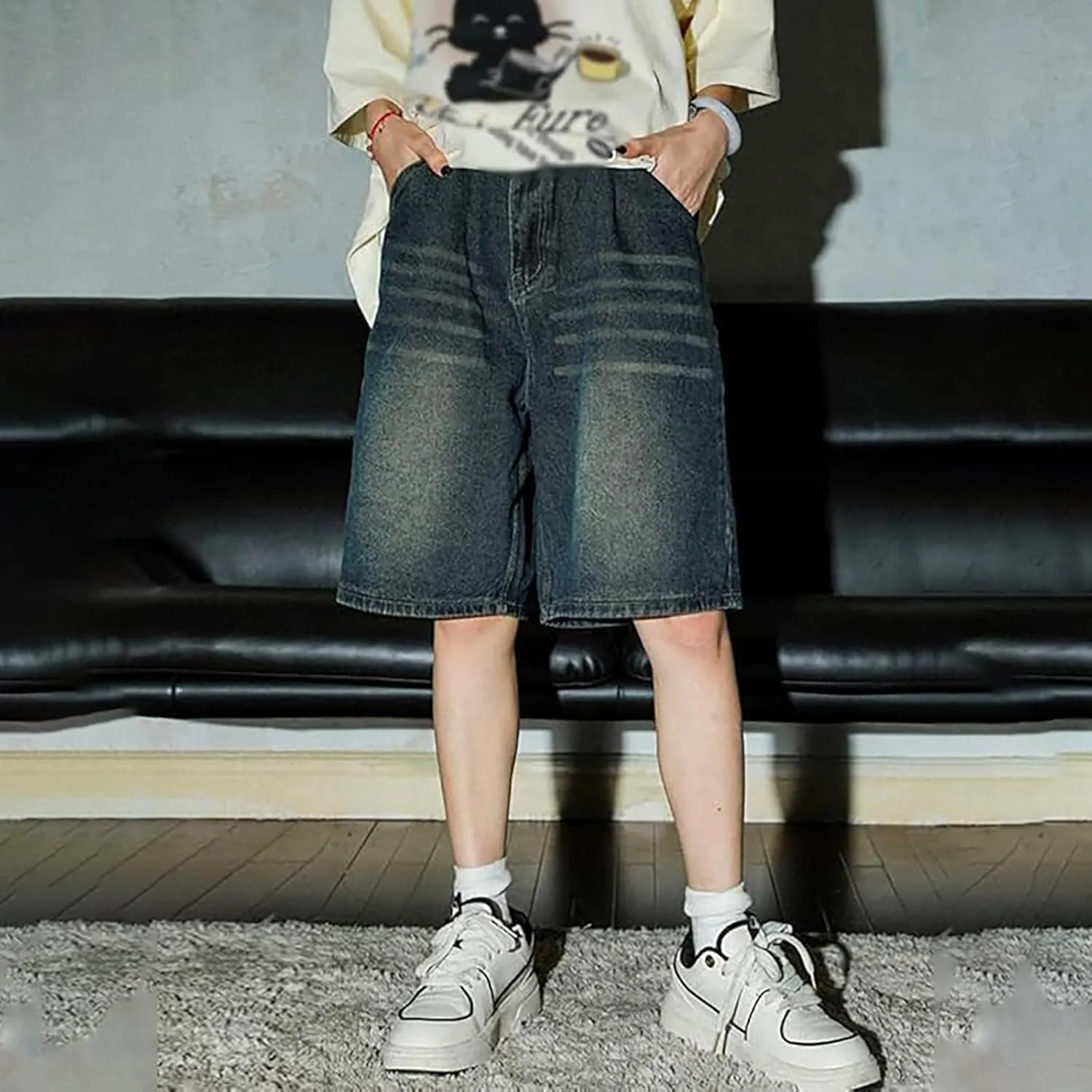 Mens Baggy Denim Jorts Y2K Loose Hip Hop Jean Shorts Casual Summer Long Jeans Streetwear