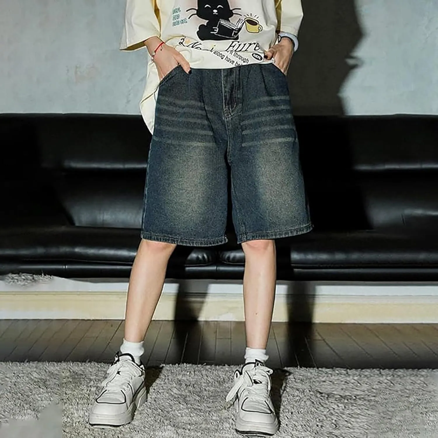 Mens Baggy Denim Jorts Y2K Loose Hip Hop Jean Shorts Casual Summer Long Jeans Streetwear