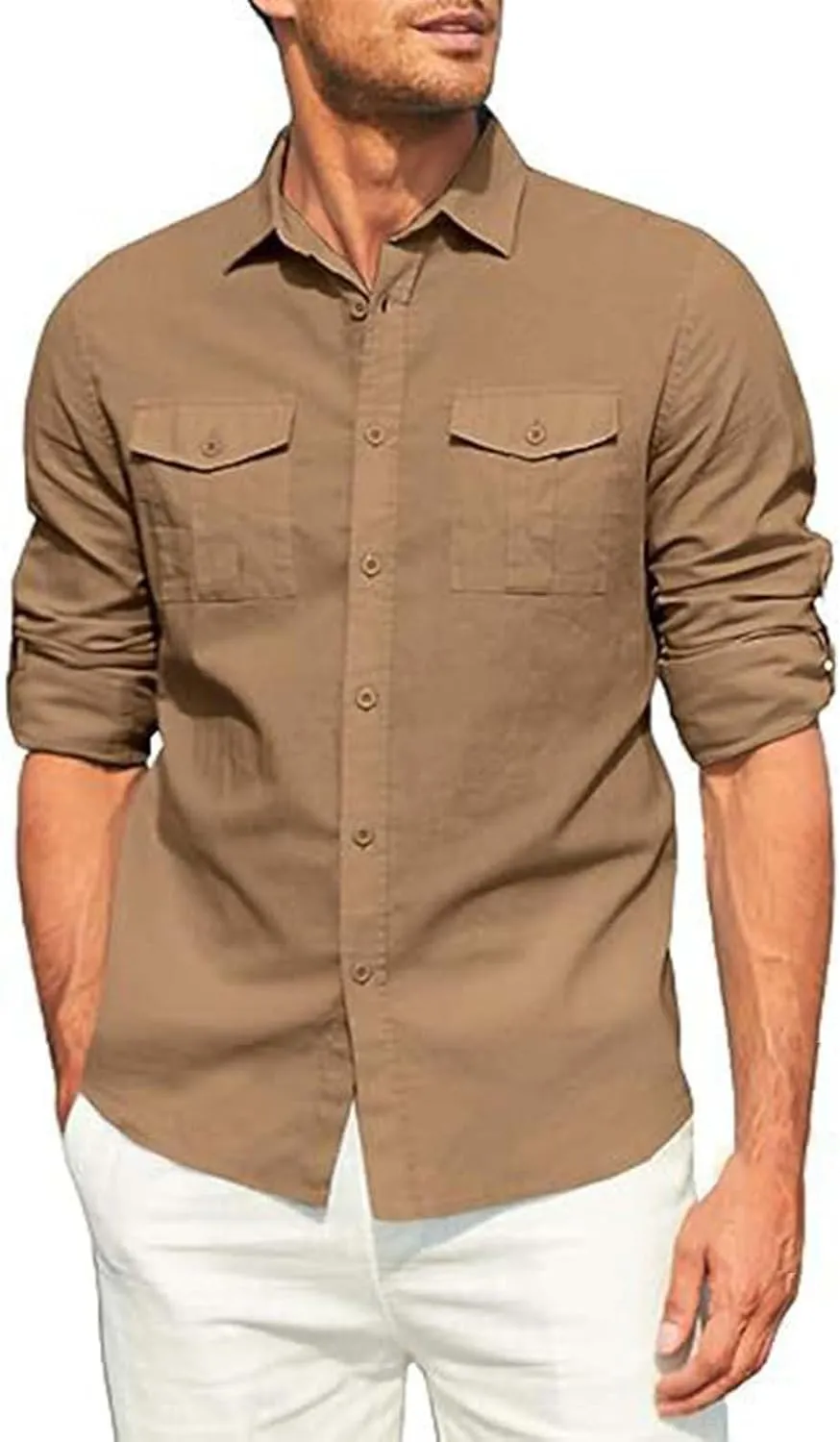 Mens Button Down Shirt Cotton Casual Linen Long Sleeve Summer Tops Lightweight Quick Dry Collared Hippie Beach Shirts