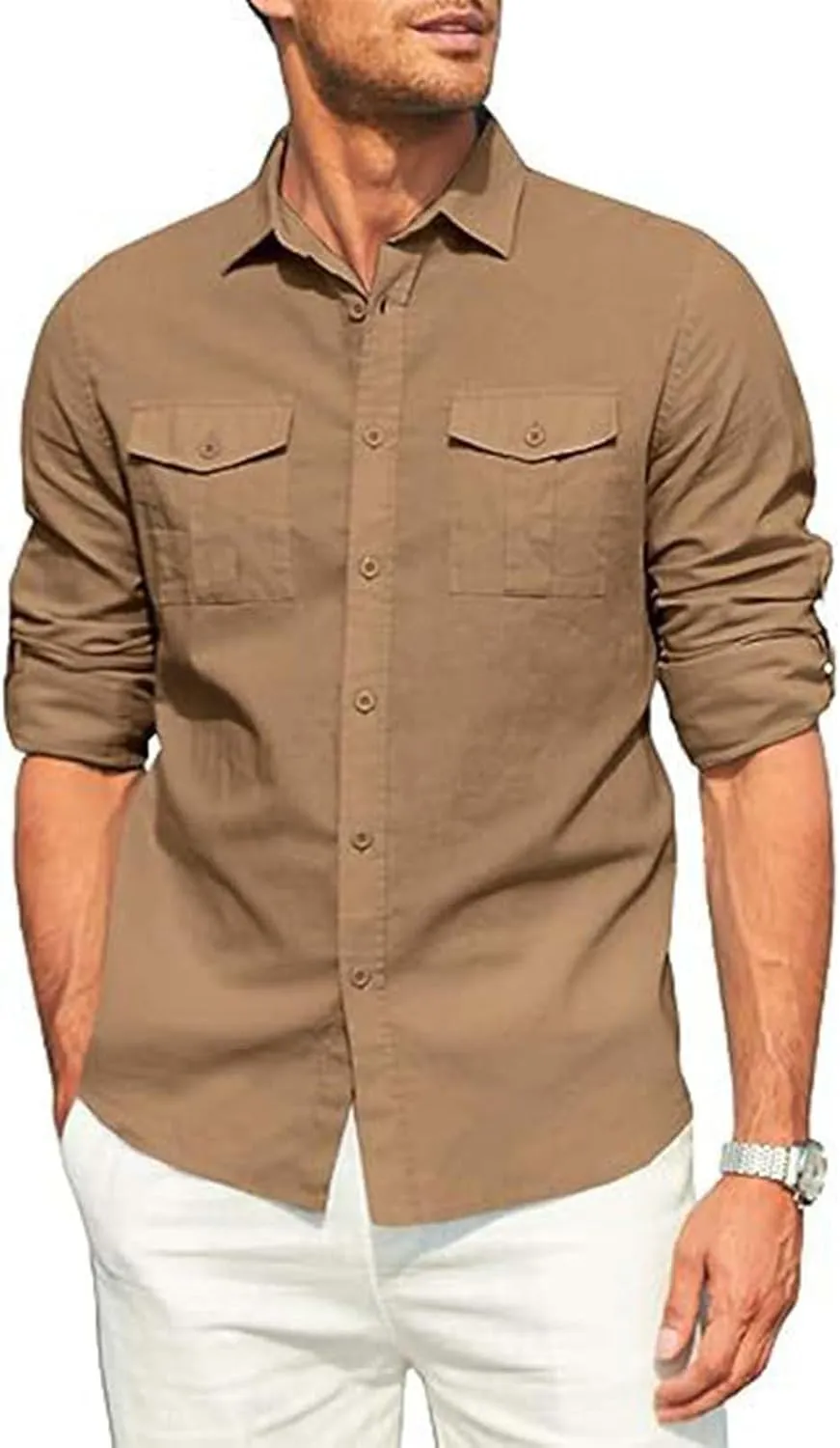 Mens Button Down Shirt Cotton Casual Linen Long Sleeve Summer Tops Lightweight Quick Dry Collared Hippie Beach Shirts