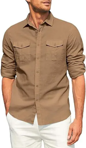 Mens Button Down Shirt Cotton Casual Linen Long Sleeve Summer Tops Lightweight Quick Dry Collared Hippie Beach Shirts