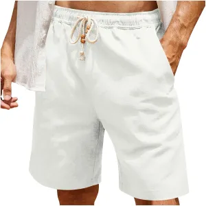 Men's Casual Cotton Linen Shorts Lightweight Drawstring Shorts with Pockets Elastic Waist Shorts Summer Beach Vacation Shorts