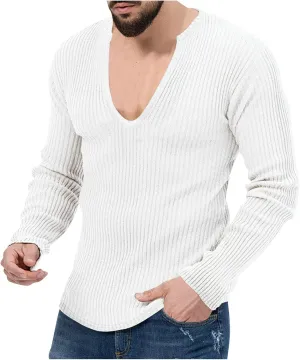 Men's Casual Slim Fit Deep V-Neck Pullover Long Sleeve Knitted Pullover Sweaters Top Lightweight Vintage Knitwear