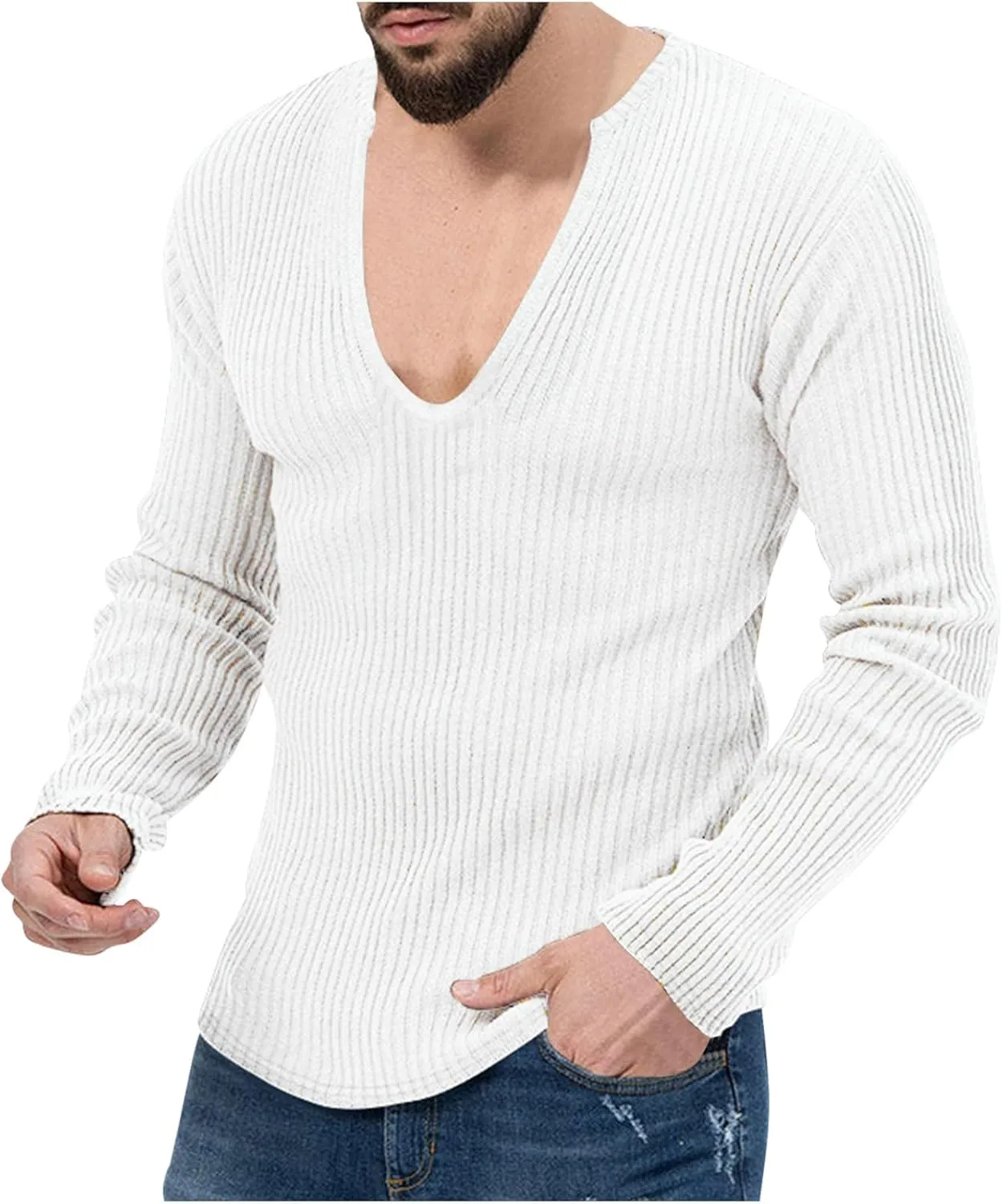 Men's Casual Slim Fit Deep V-Neck Pullover Long Sleeve Knitted Pullover Sweaters Top Lightweight Vintage Knitwear