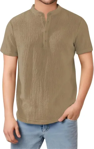 Mens Cotton Linen Shirts Vintage Wrinkled Short Sleeve Henley Shirt Lightweight Casual Summer Beach Band Collar Tees