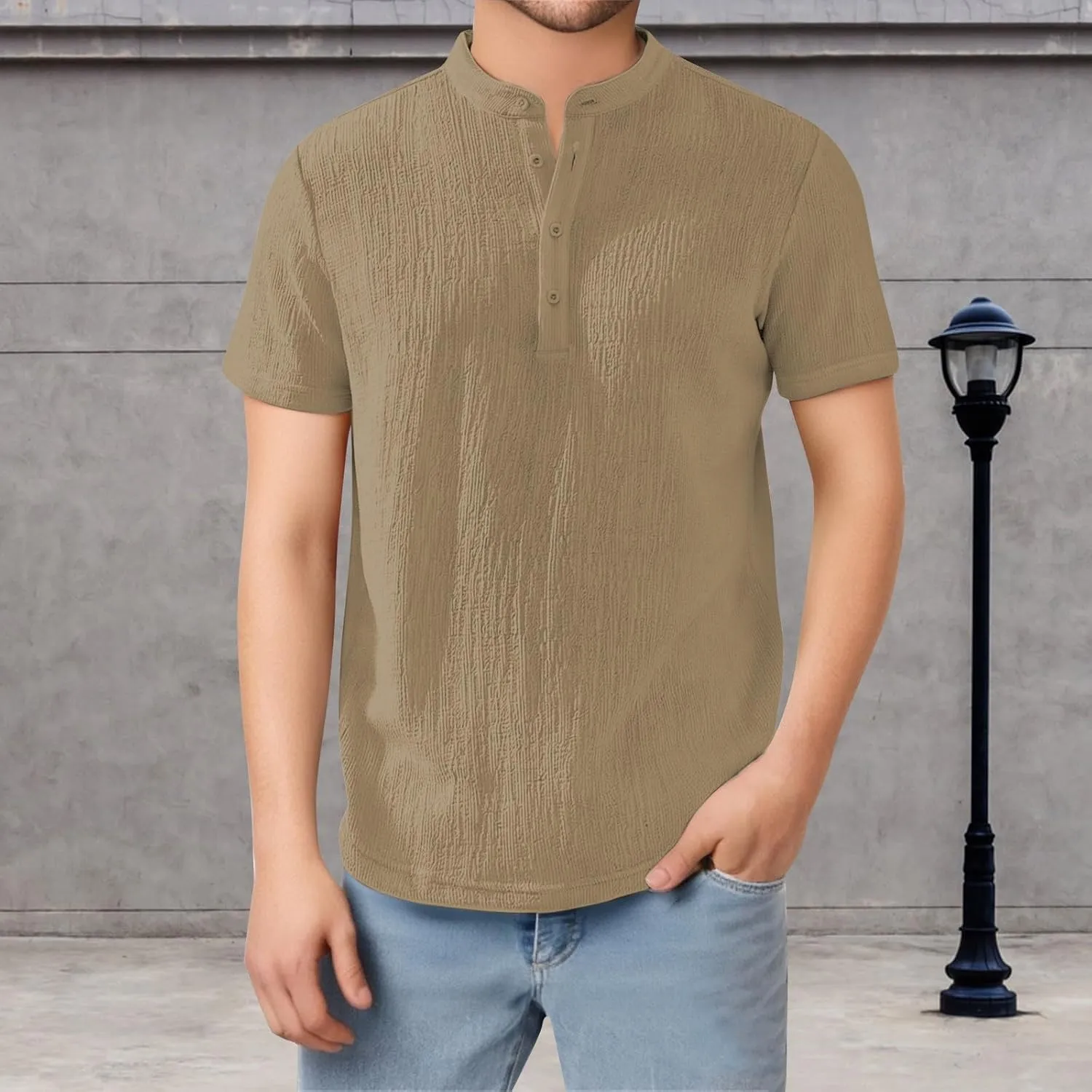 Mens Cotton Linen Shirts Vintage Wrinkled Short Sleeve Henley Shirt Lightweight Casual Summer Beach Band Collar Tees