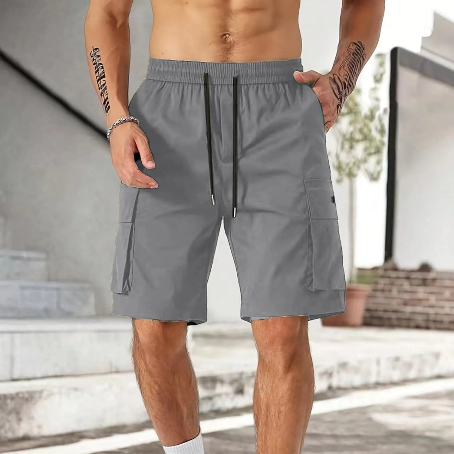 Mens Elastic Waist Shorts Casual Summer Knee Length Cargo Shorts with Pockets Lightweight Outdoor Hiking Work Shorts