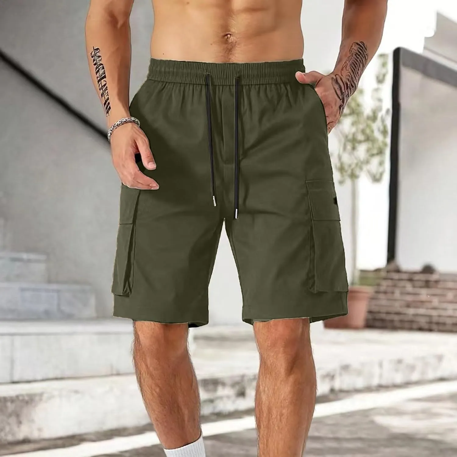 Mens Elastic Waist Shorts Casual Summer Knee Length Cargo Shorts with Pockets Lightweight Outdoor Hiking Work Shorts