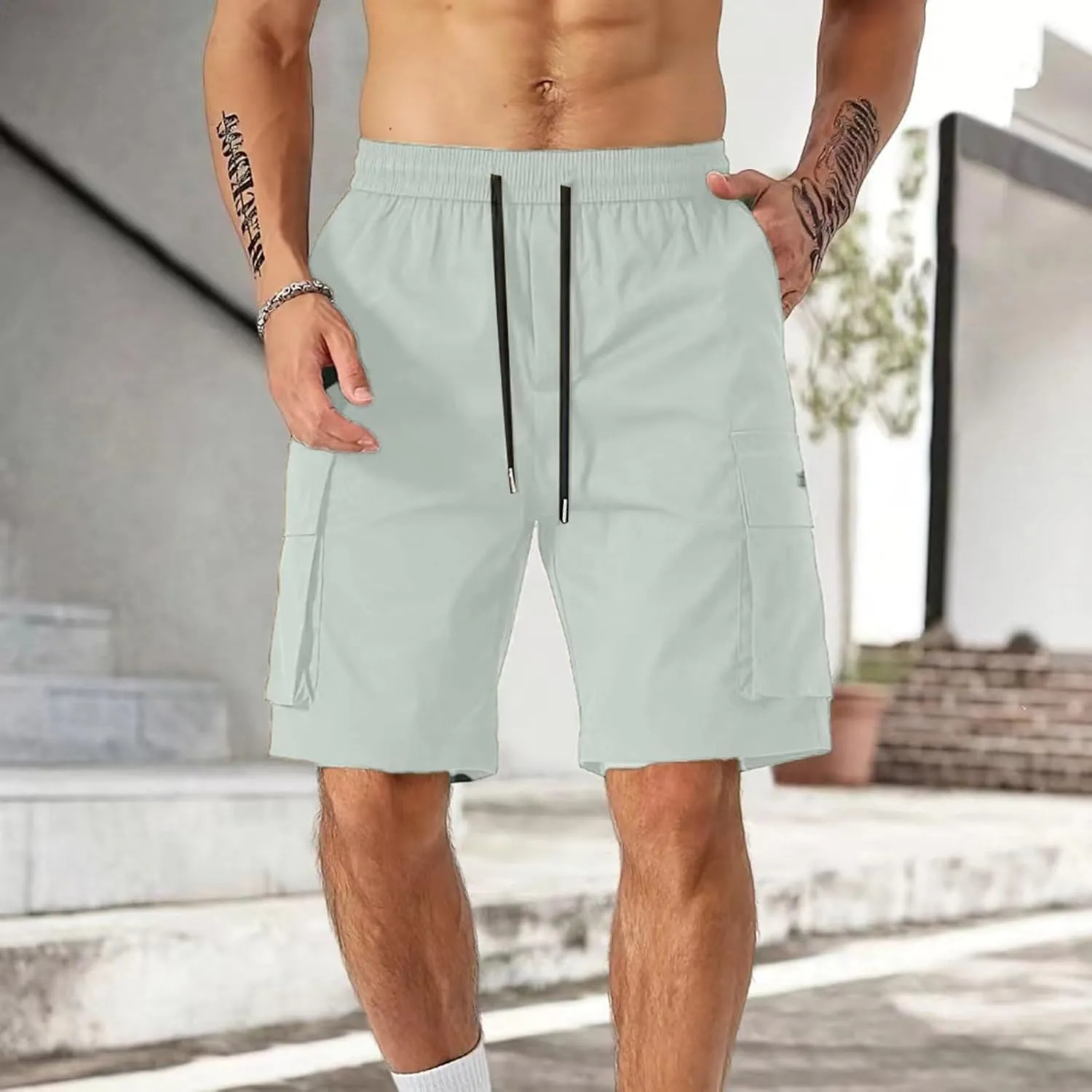 Mens Elastic Waist Shorts Casual Summer Knee Length Cargo Shorts with Pockets Lightweight Outdoor Hiking Work Shorts