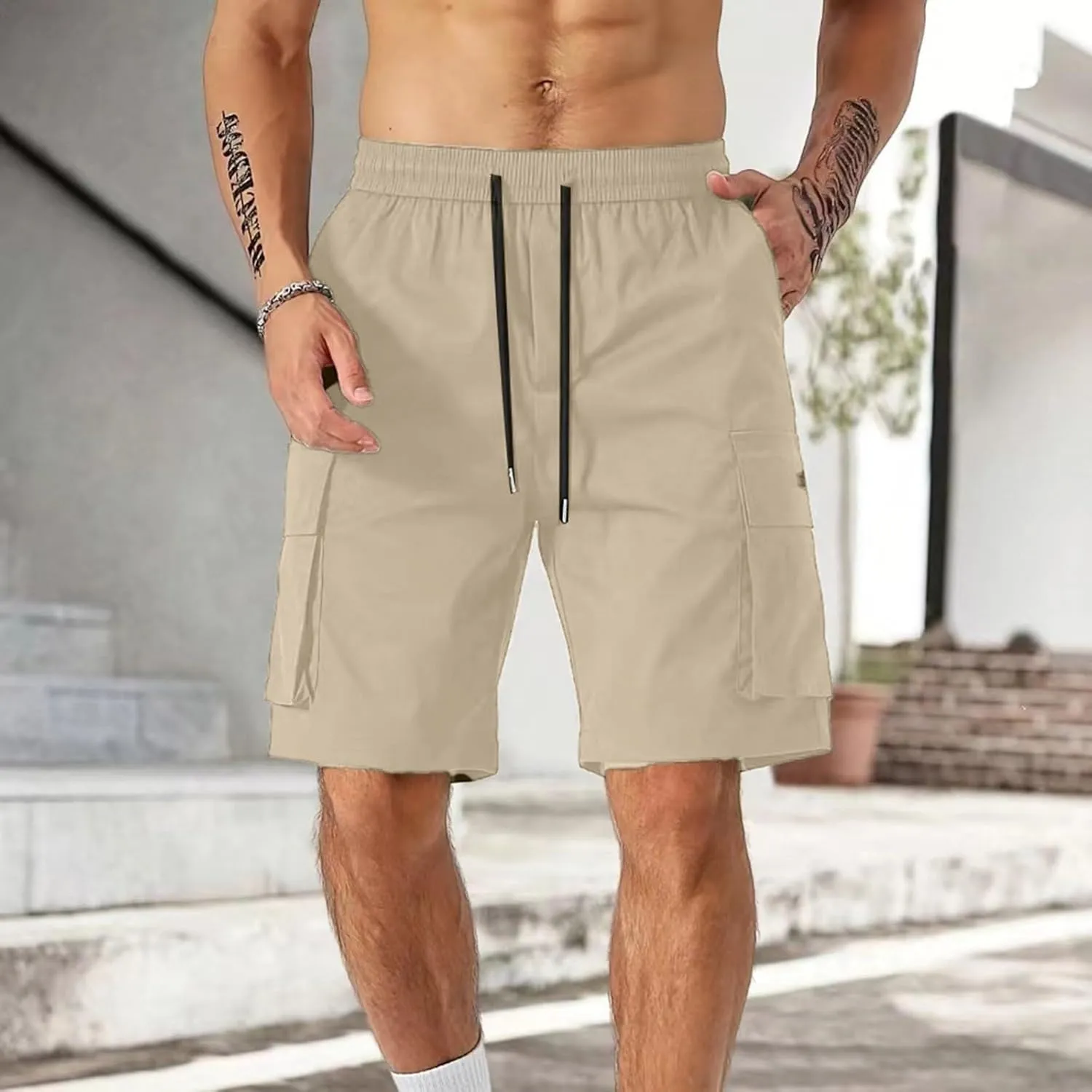Mens Elastic Waist Shorts Casual Summer Knee Length Cargo Shorts with Pockets Lightweight Outdoor Hiking Work Shorts