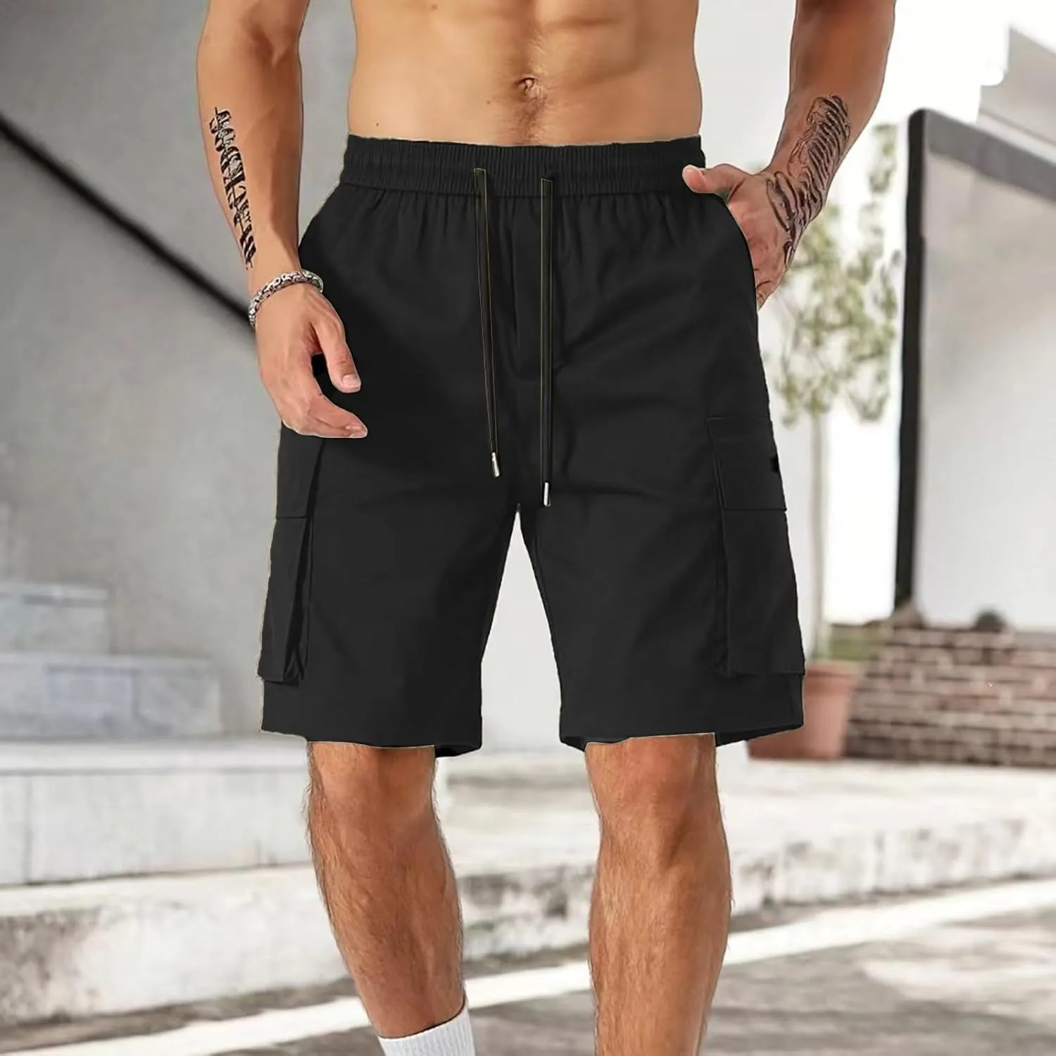 Mens Elastic Waist Shorts Casual Summer Knee Length Cargo Shorts with Pockets Lightweight Outdoor Hiking Work Shorts