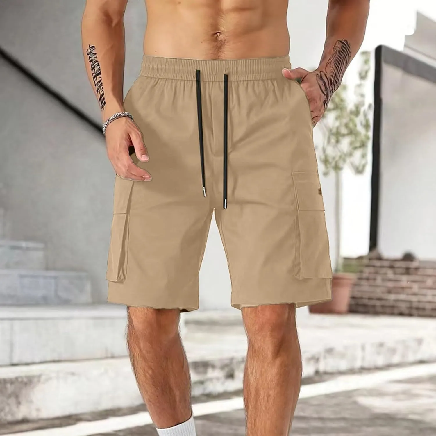 Mens Elastic Waist Shorts Casual Summer Knee Length Cargo Shorts with Pockets Lightweight Outdoor Hiking Work Shorts