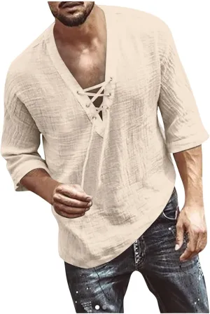 Men's Fashion Shirts Casual Long Sleeve Cotton Linen Lace Up Drawstring Hippie Beach Tshirts V Neck Yoga Summer Top