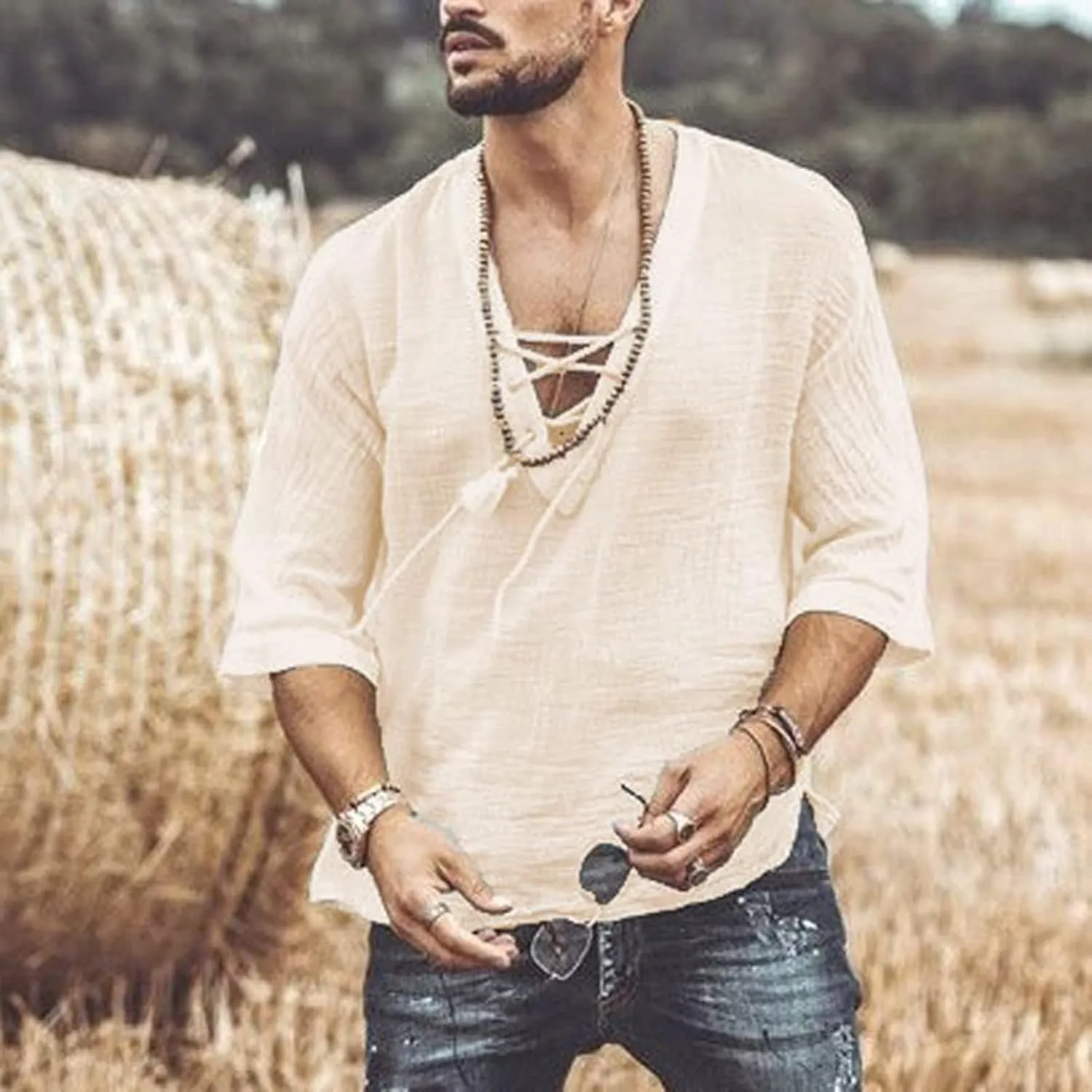 Men's Fashion Shirts Casual Long Sleeve Cotton Linen Lace Up Drawstring Hippie Beach Tshirts V Neck Yoga Summer Top