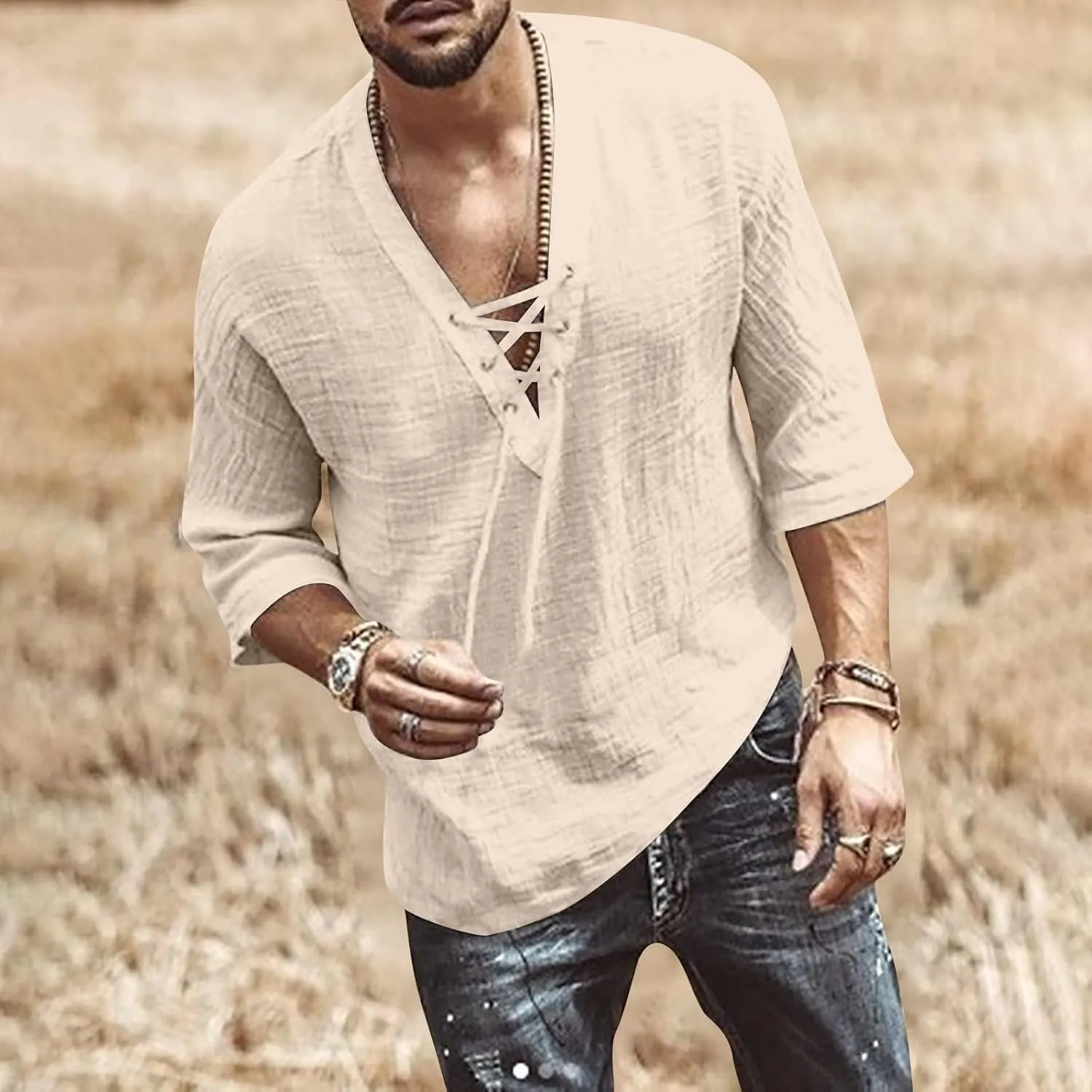 Men's Fashion Shirts Casual Long Sleeve Cotton Linen Lace Up Drawstring Hippie Beach Tshirts V Neck Yoga Summer Top