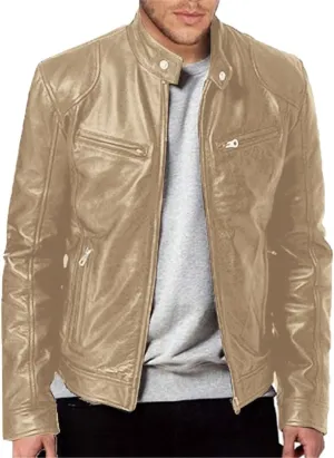Mens Faux Leather Moto Jacket Vintage Stand Collar Motorcycle Bomber Jacket Motorcycle Riding Jacket with Pockets