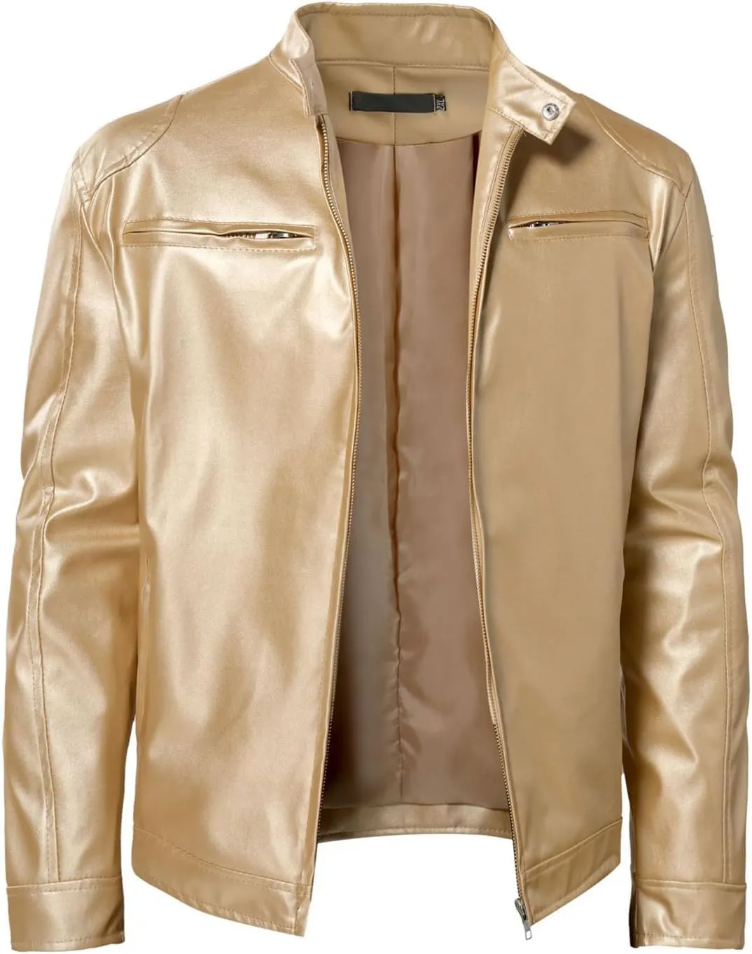 Mens Faux Leather Moto Jacket Vintage Stand Collar Motorcycle Bomber Jacket Motorcycle Riding Jacket with Pockets