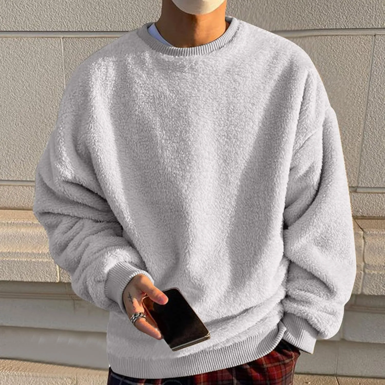 Mens Fleece Crewneck Sweatshirts Fuzzy Sherpa Sweatshirt Long Sleeve Fluffy Pullover Cozy Basic Fall Winter Warm Tops