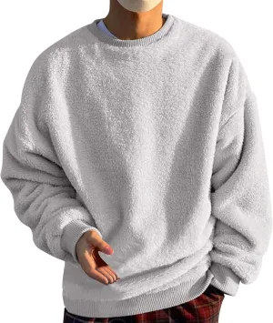 Mens Fleece Crewneck Sweatshirts Fuzzy Sherpa Sweatshirt Long Sleeve Fluffy Pullover Cozy Basic Fall Winter Warm Tops