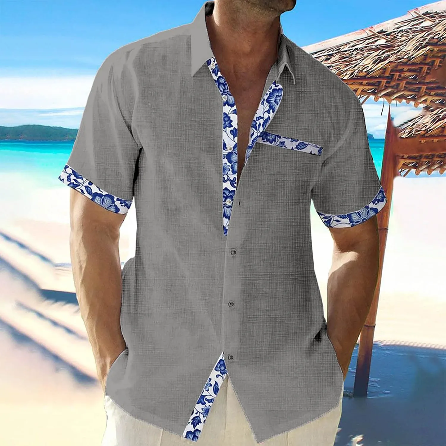 Mens Hawaiian Shirts Short Sleeve Cotton Linen Button Down Shirt Summer Causal Loose Floral Patchwork Shirt 2023